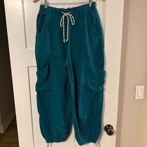 Teal Cargo Pants with Drawstring